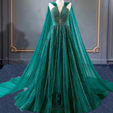 2023 Women's Luxury Green Evening Gown with sleevesless Beaded Gauze Lace Evening Dress Selina2023042503