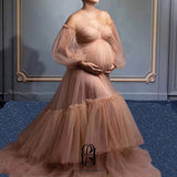 2023 Women's Off-Shoulder A-line Tulle Maternity Dress Tulle Gauze Lace Baby Shower Photography Maxi Dress for Photo Shoot Selina2023042502