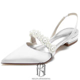 2023 Women Satin Pearls Low Heels Wedding Shoes for Bride Pointed Toe Prom Evening Bridal Party Dress Flats selina2023050804