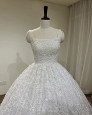 Simple lace Wedding Dress, Elegant Unique White Wedding Dress, Off Shoulder Backless Bridal Dress, Floor Length Pleated Ball Gown for Bride Selinaweddingw4121