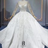 2023 Women's Lace Tulle Lace Long Sleeves A-line Wedding Dresses for Bride with Train Wedding Appliques Selina202342709