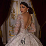 V-Neck Long Sleeve Lace Appliquéd Glitter Wedding Dress