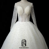 Long Sleeves Round Neck Pearl Beaded Lace Bride Wedding Dress selina202241828