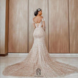 V-Neck Long Sleeves with Sequins Mermaid Wedding Dress selina2022072801